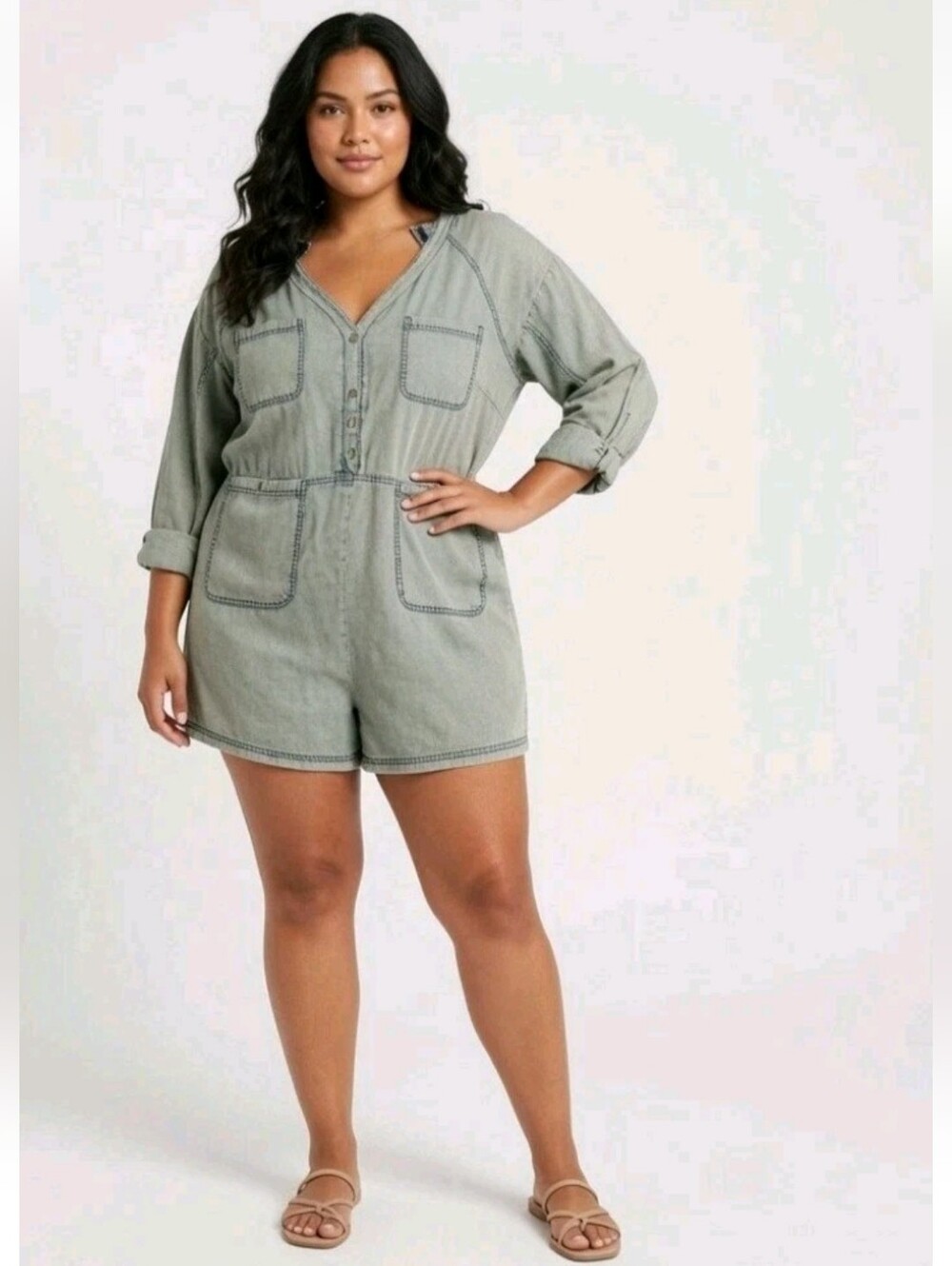 Y2k Jaded Gypsy Denim Chambray Romper Jumper XL Cotton Vintage Long Sleeve 90s